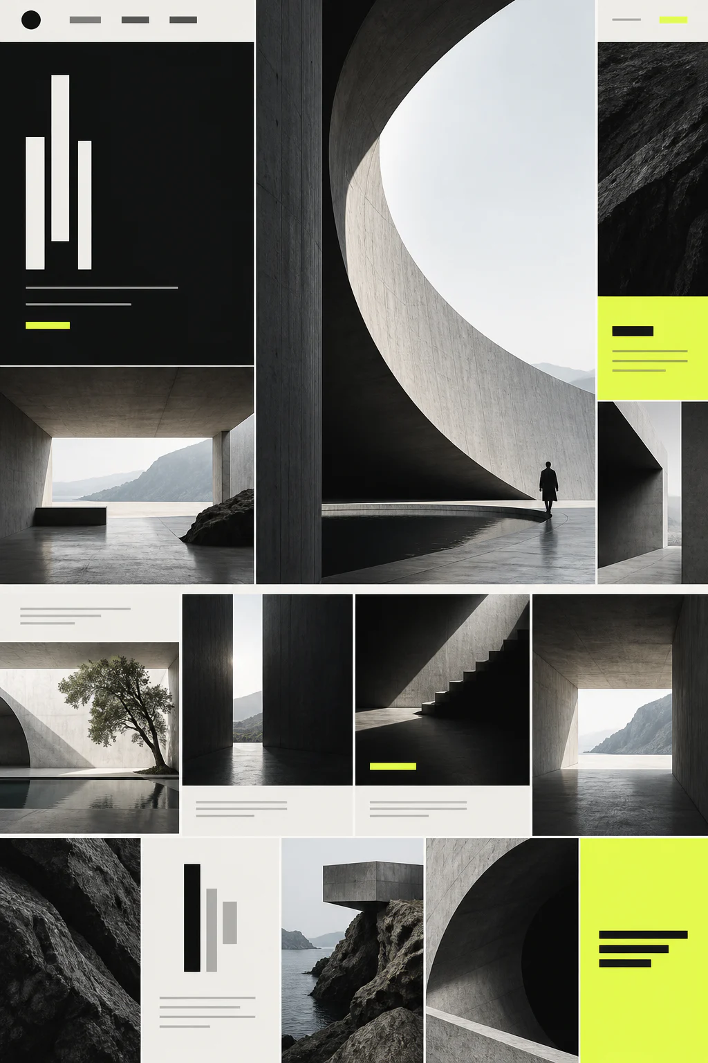 Referência visual em formato vertical de um portfólio de arquitetura com contraste alto e tipografia expressiva.